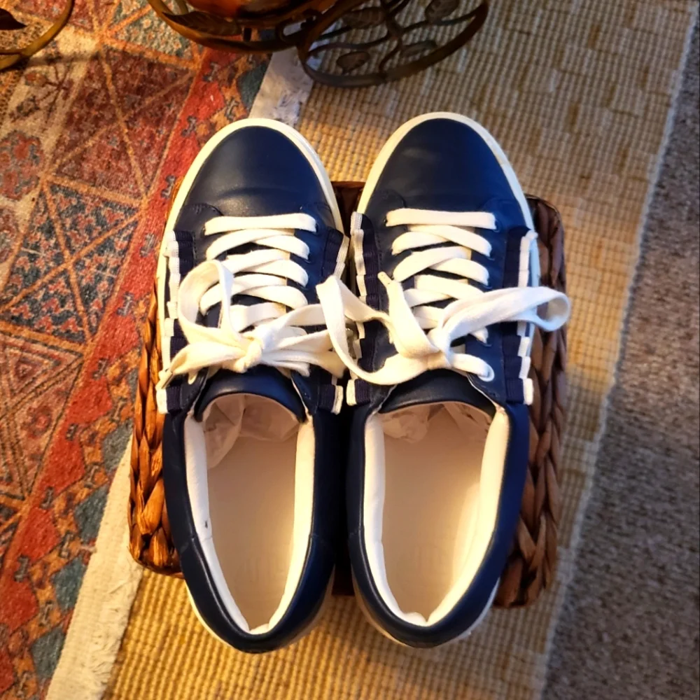 Tory Burch Navy Leather Ruffle Sneakers - Picture 4 of 5